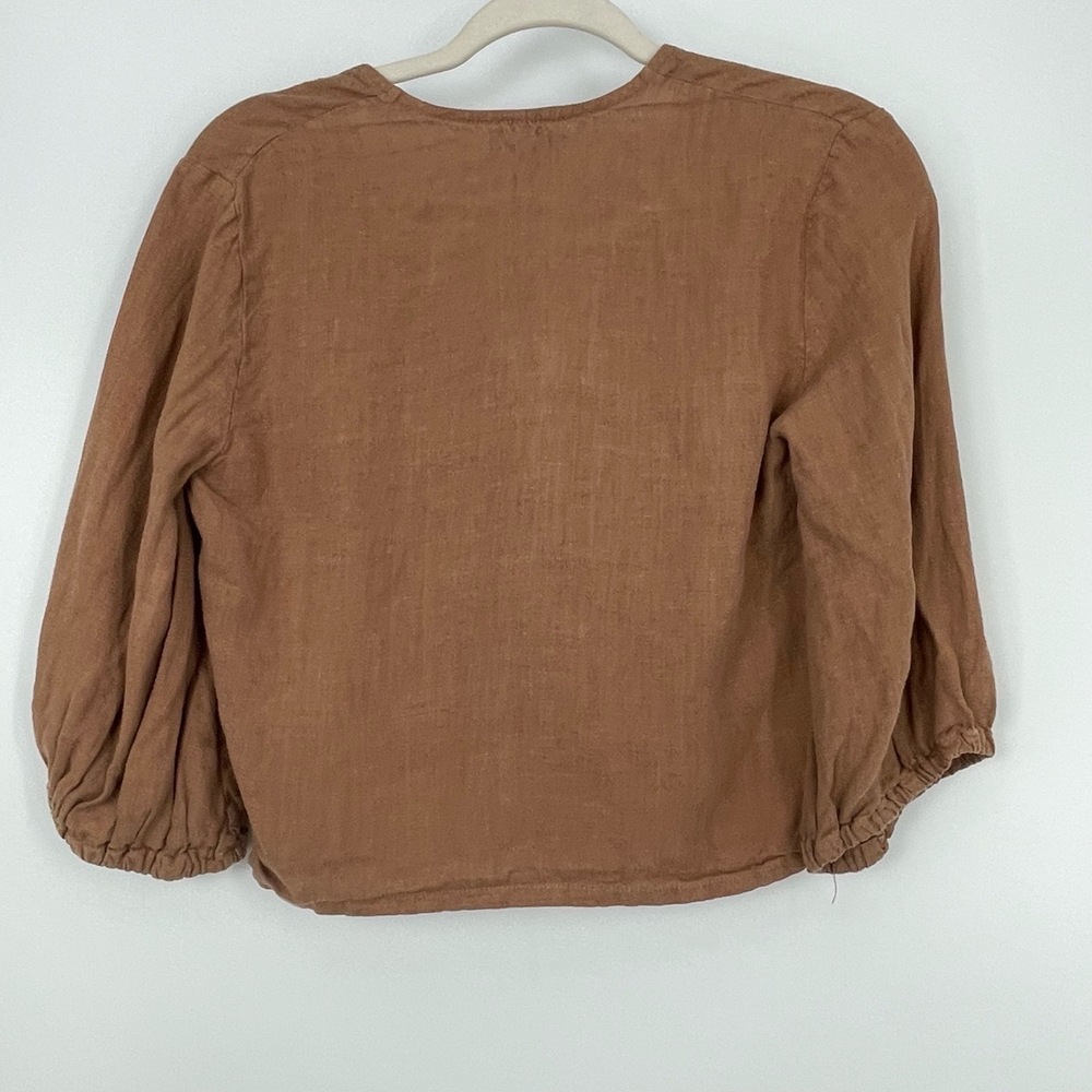 First Rite Women's Brown Linen Tie‎ Front V-neck Cropped Blouse Top Size Small - Picture 4 of 11